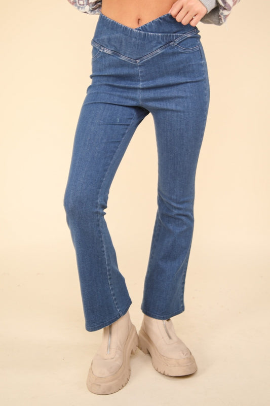 VERY J Washed Denim Stretchy Crossover Waist Leggings - ShopEasier