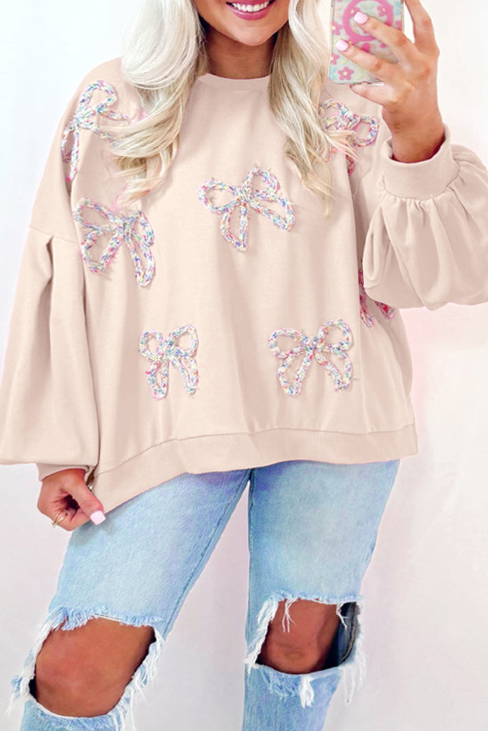 Bow Detail Opaque Long Sleeve Pullover Sweatshirt