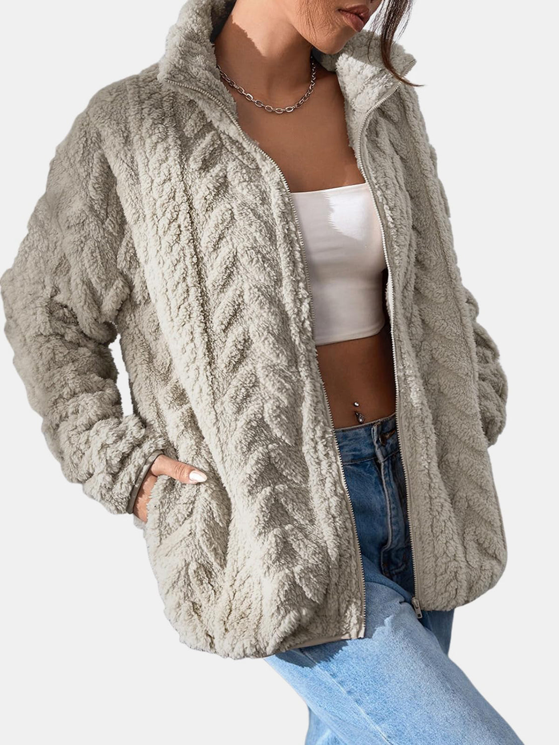 Fuzzy Zip Up Long Sleeve Jacket - ShopEasier