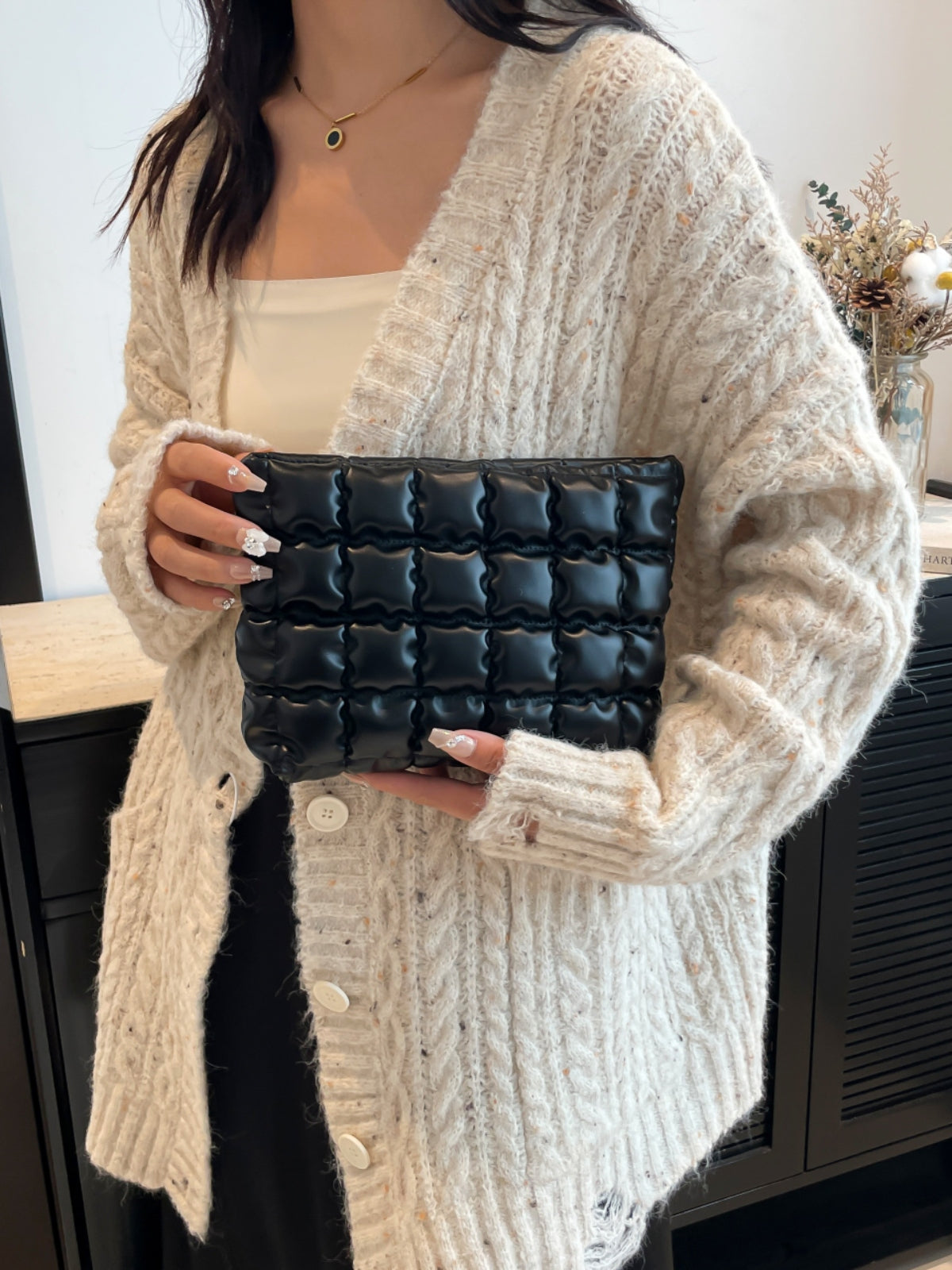 Plaid Quilted Zippered Clutch Bag