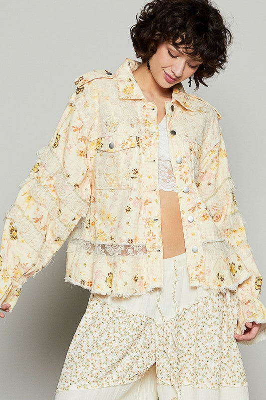 POL Raw Hem Lace Patch Flounce Sleeve Jacket - ShopEasier