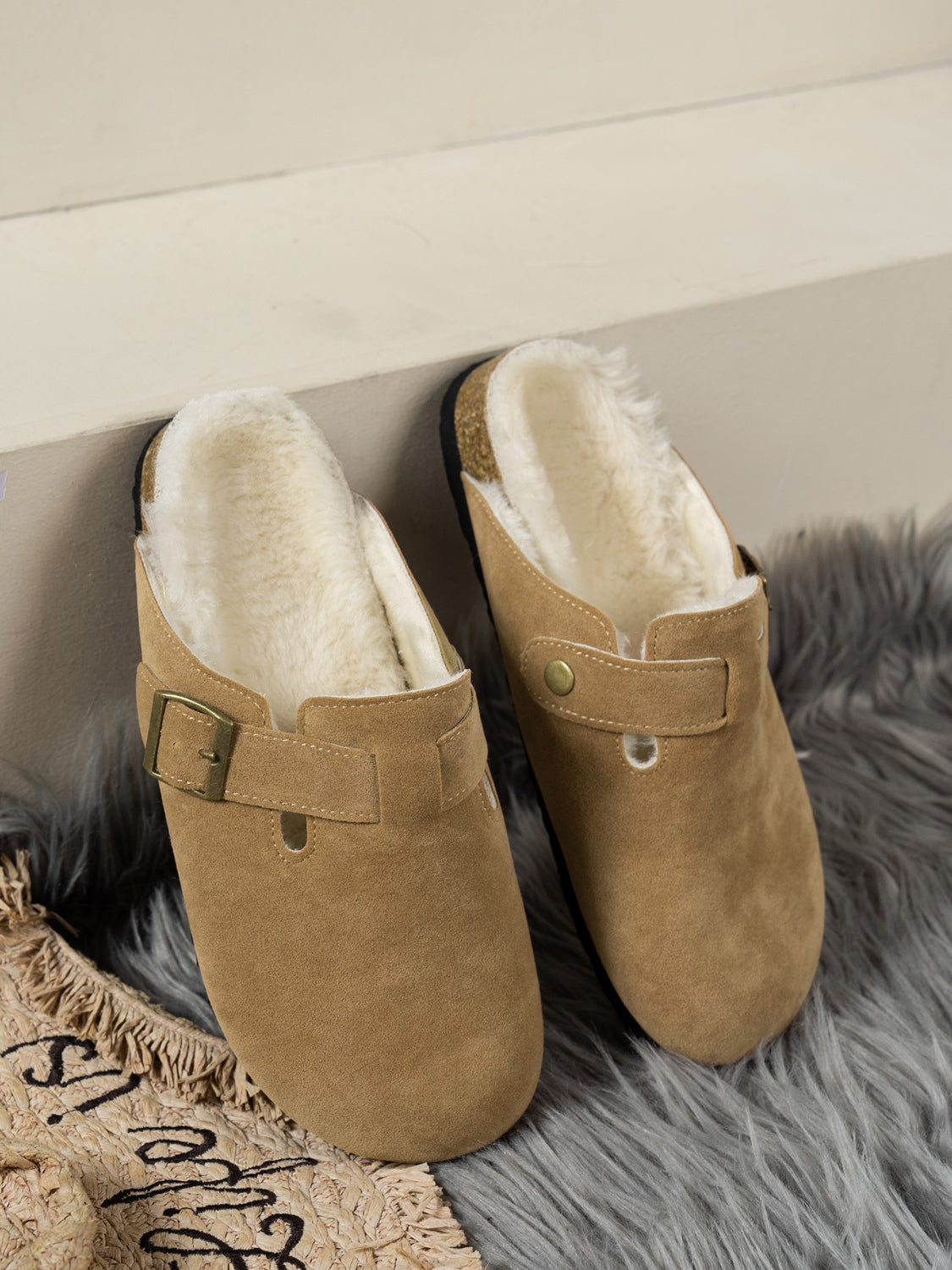 Faux Fur-Lined Suede Slip-On Slippers