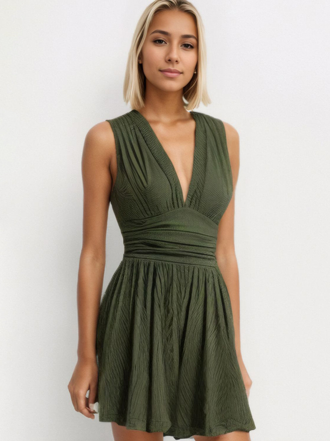 Ruched Deep V-Neck Sleeveless Jumpsuit