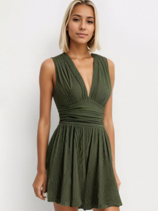 Ruched Deep V-Neck Sleeveless Jumpsuit