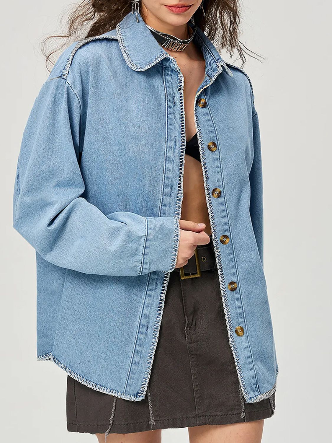 Button Up Collared Neck Denim Top - ShopEasier