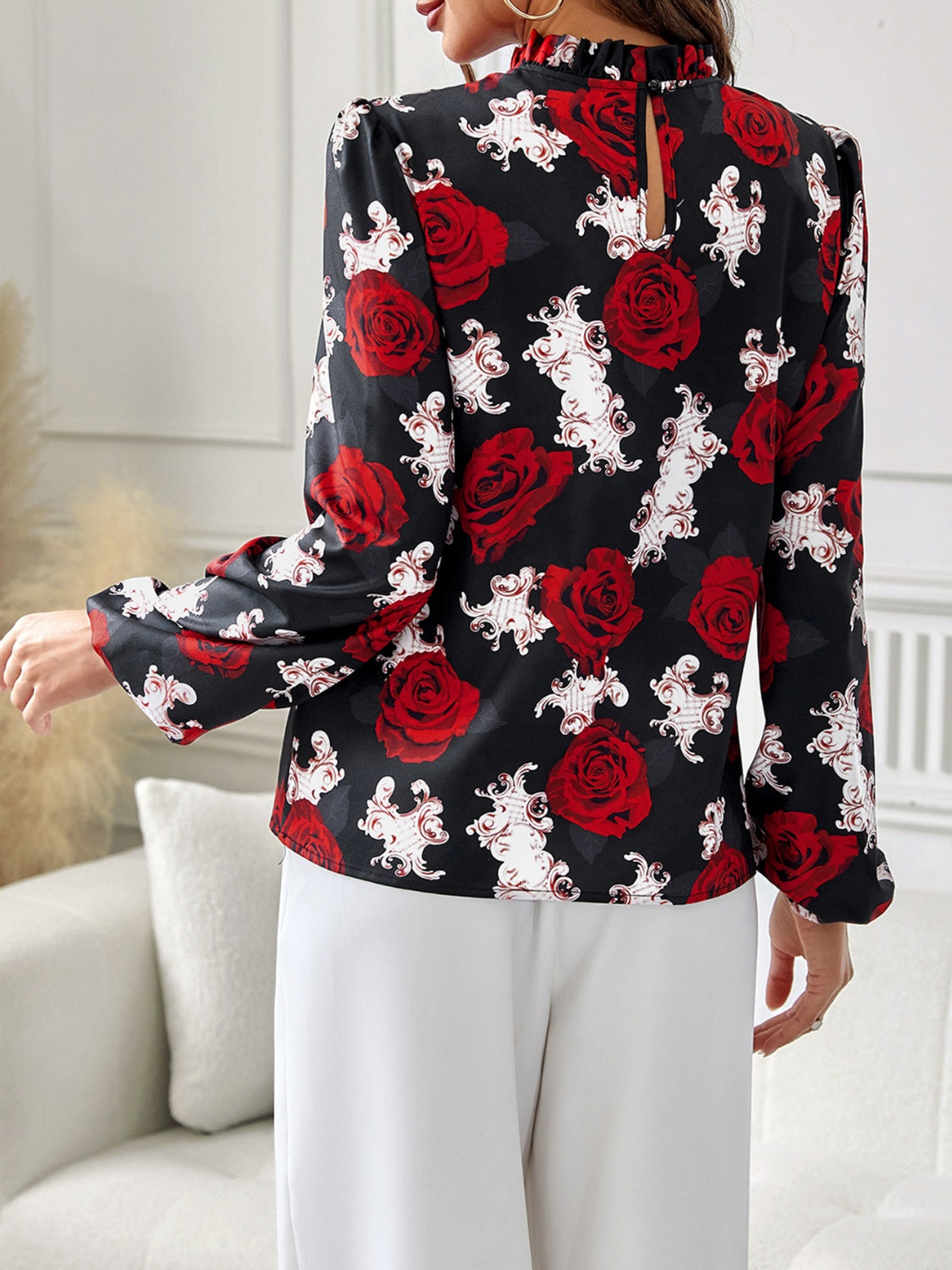 Frilled Floral High Neck Blouse with Long Sleeves