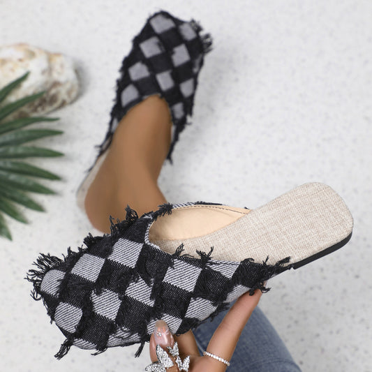 Plaid Square Toe Comfort Flats