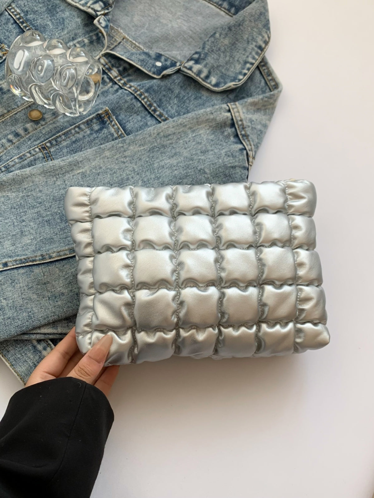 Plaid Quilted Zippered Clutch Bag