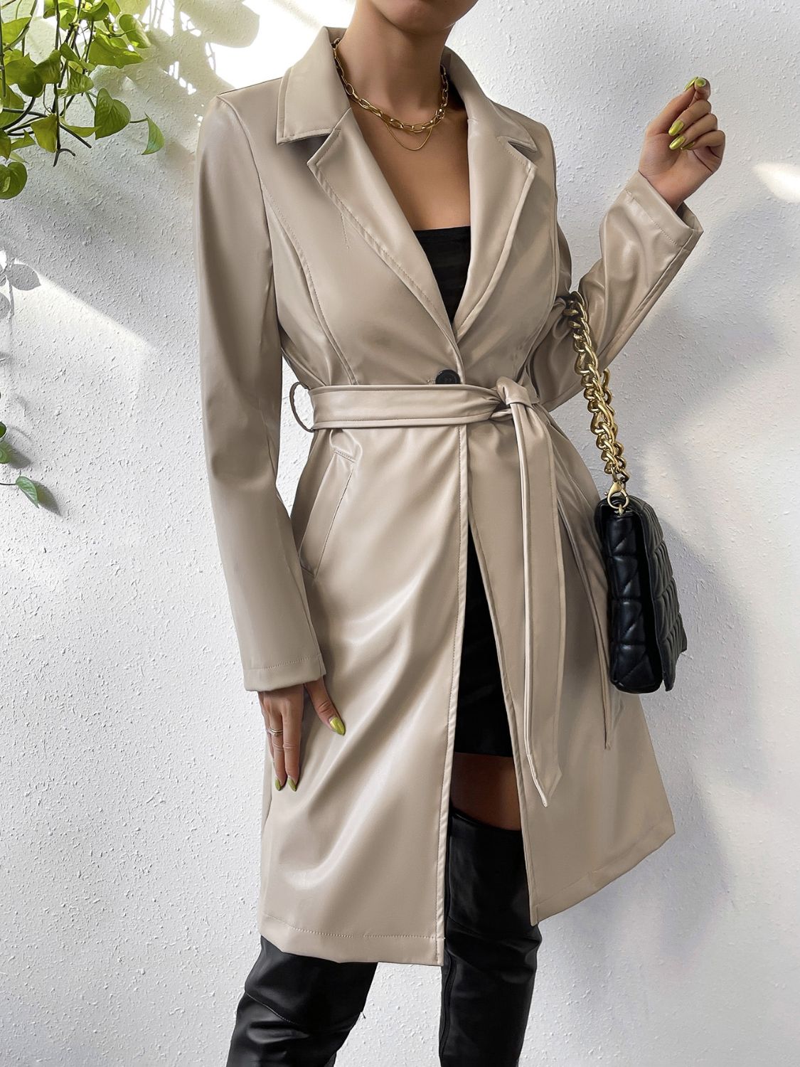 Tied PU Leather Long Sleeve Trench Coat - ShopEasier