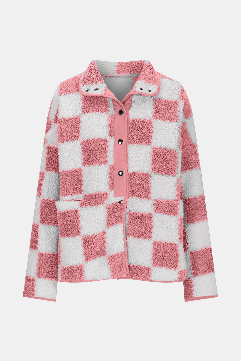 Checkered Snap Down Long Sleeve Teddy Jacket - ShopEasier