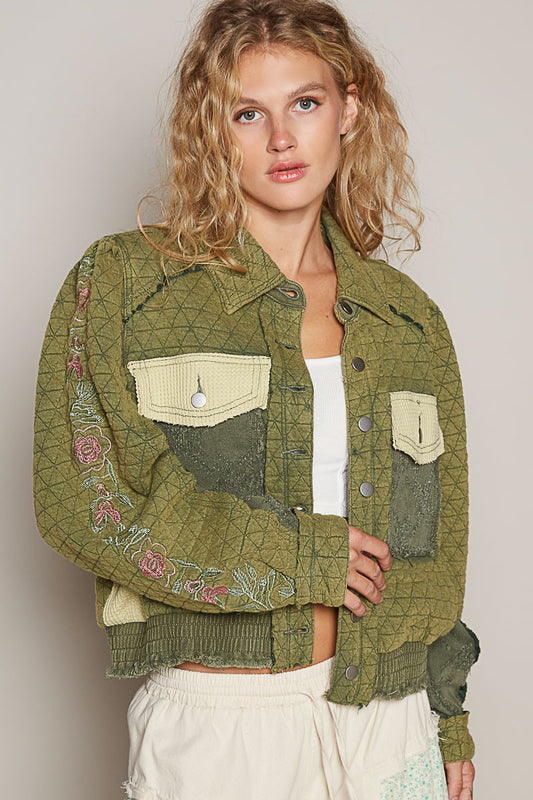 POL Embroidered Sleeve Raw Edge Quilted Jacket - ShopEasier