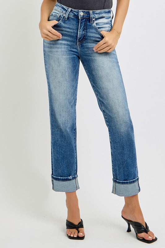 RISEN Full Size High Rise Crop Straight Roll Up Jeans - ShopEasier