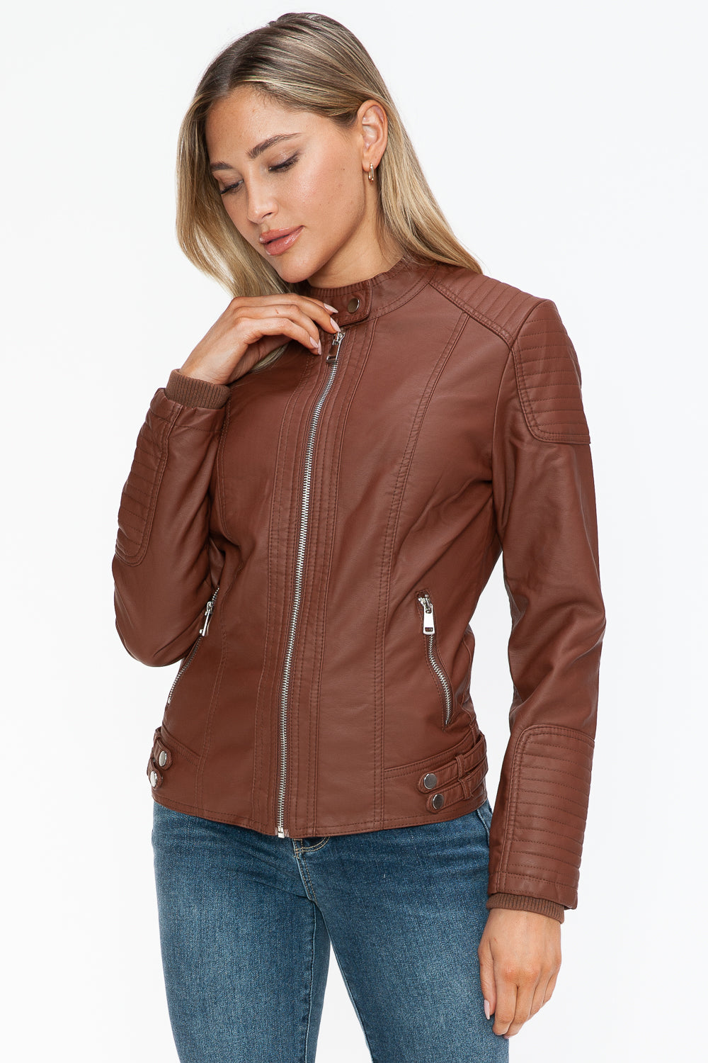 Snobbish Faux Leather Biker Jacket with Side Zip Pockets - ShopEasier