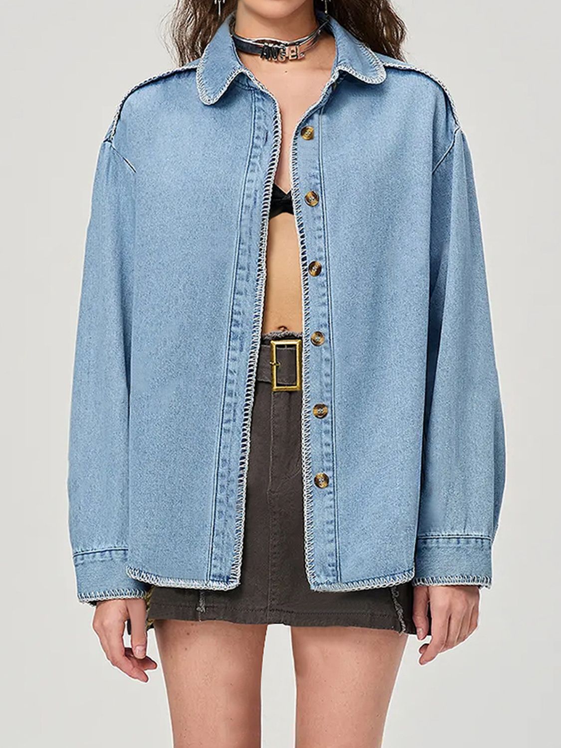 Button Up Collared Neck Denim Top - ShopEasier