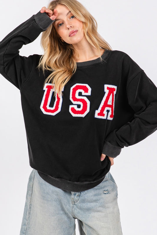 USA Letter Patch Classic Round Neck Sweatshirt by SAGE + FIG