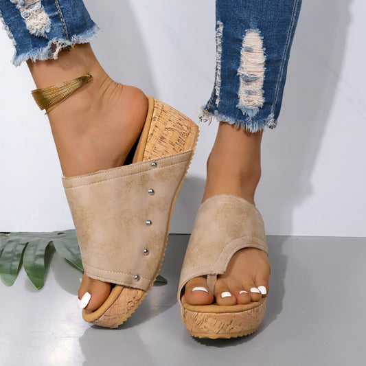 Stylish PU Leather Mid-Heel Wedge Sandals