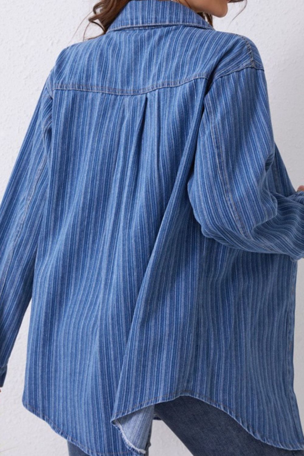 Striped Texture Collared Neck Denim Top - ShopEasier