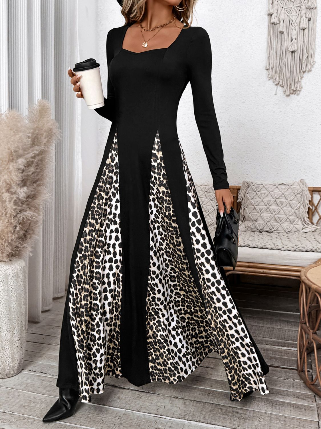 Perfee Leopard Square Neck Long Sleeve Maxi Dress - ShopEasier