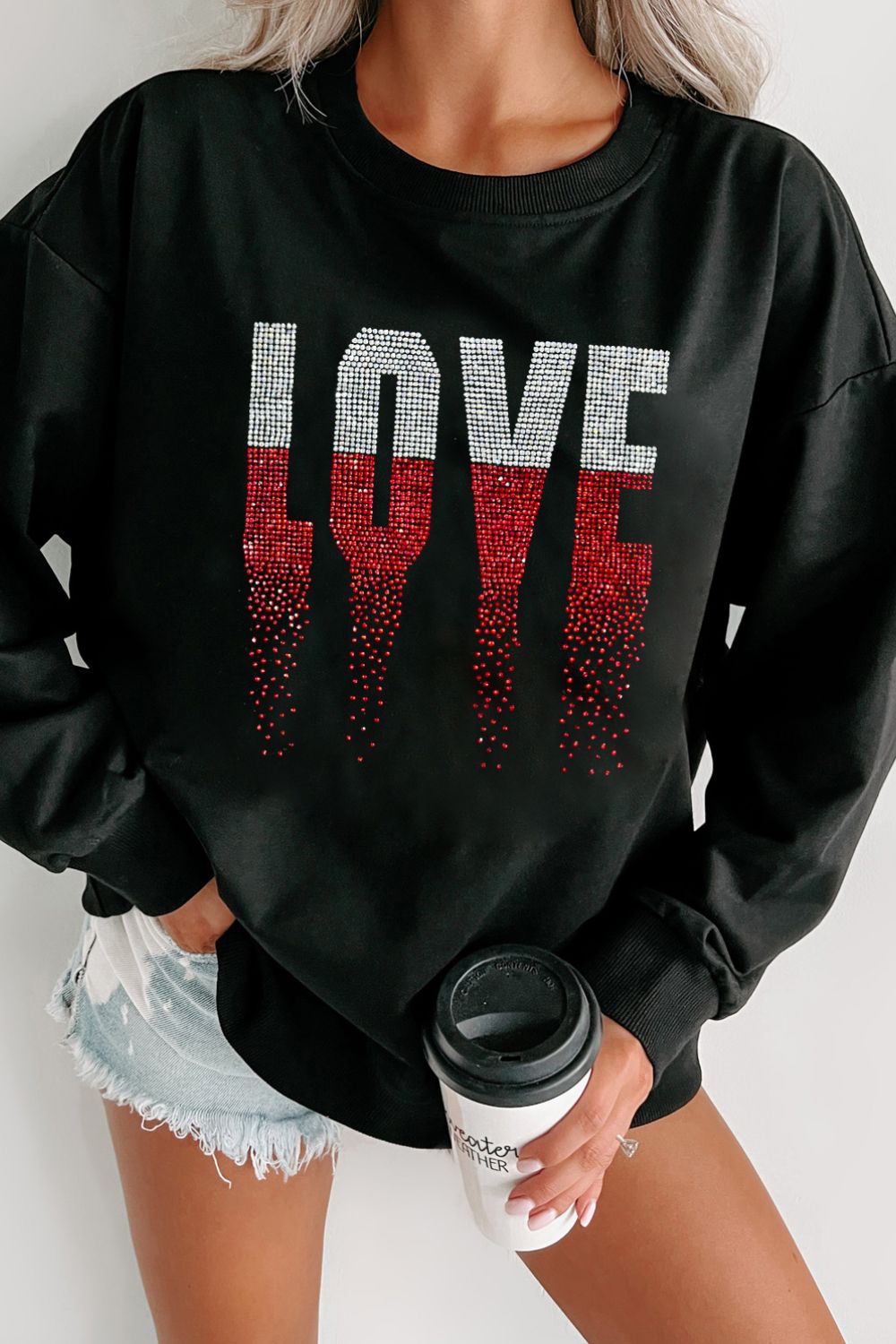 Rhinestone Embellished LOVE Graphic Long Sleeve Sweatshirt