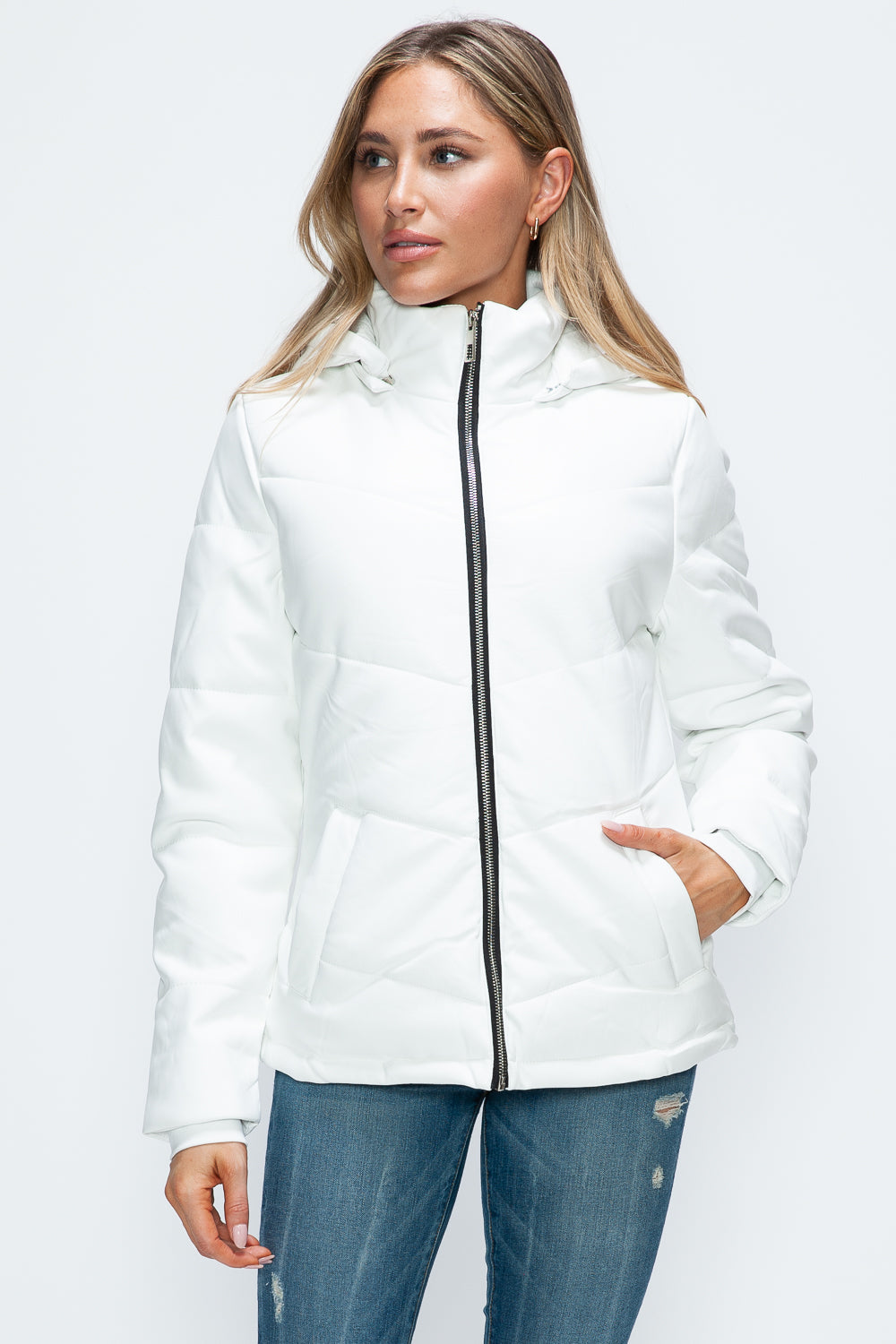 How Dare U Pocketed Zip Up Puffer Jacket with Removable Hood - ShopEasier