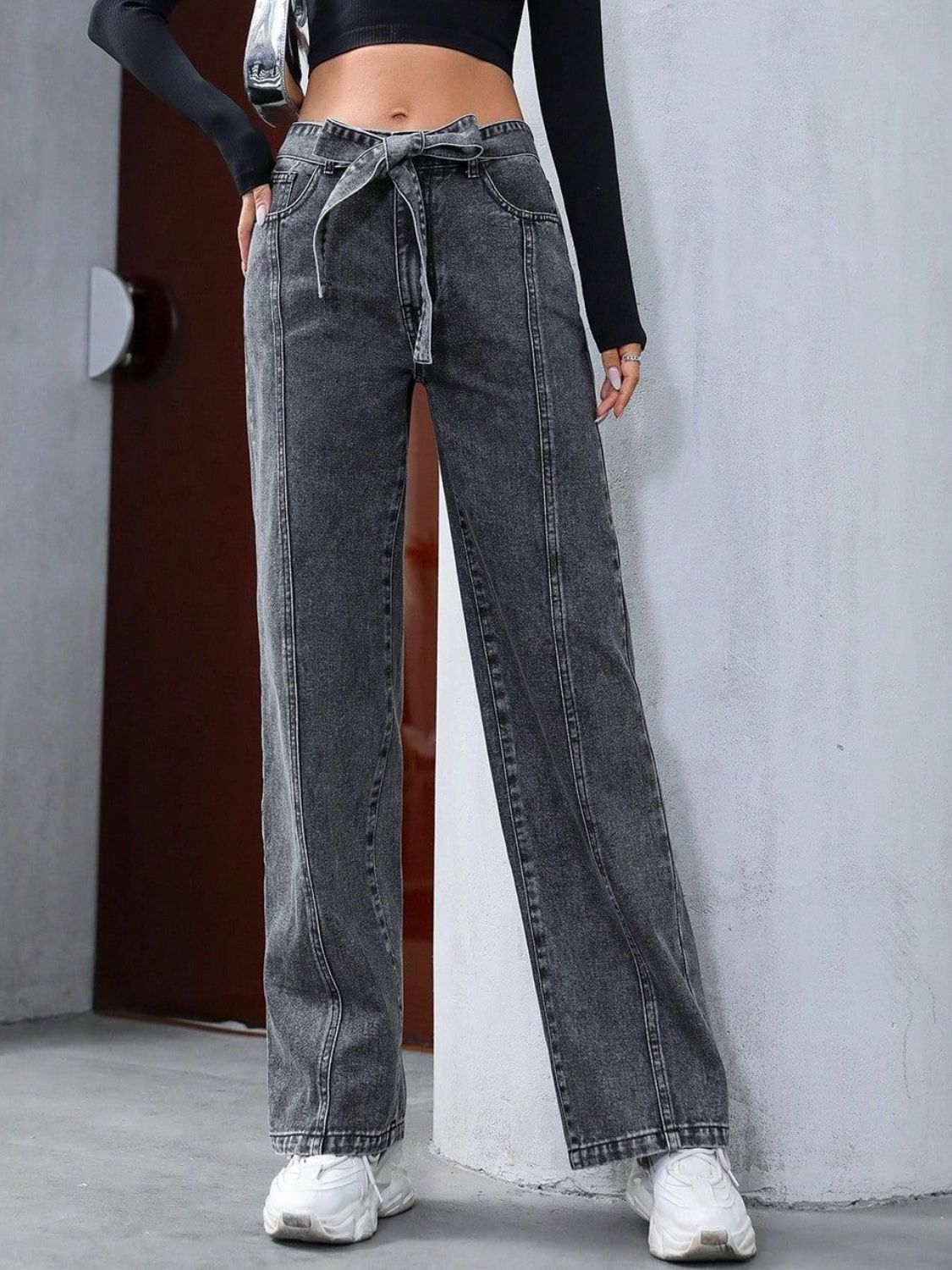 Tied Straight Leg Jeans with Pockets - ShopEasier