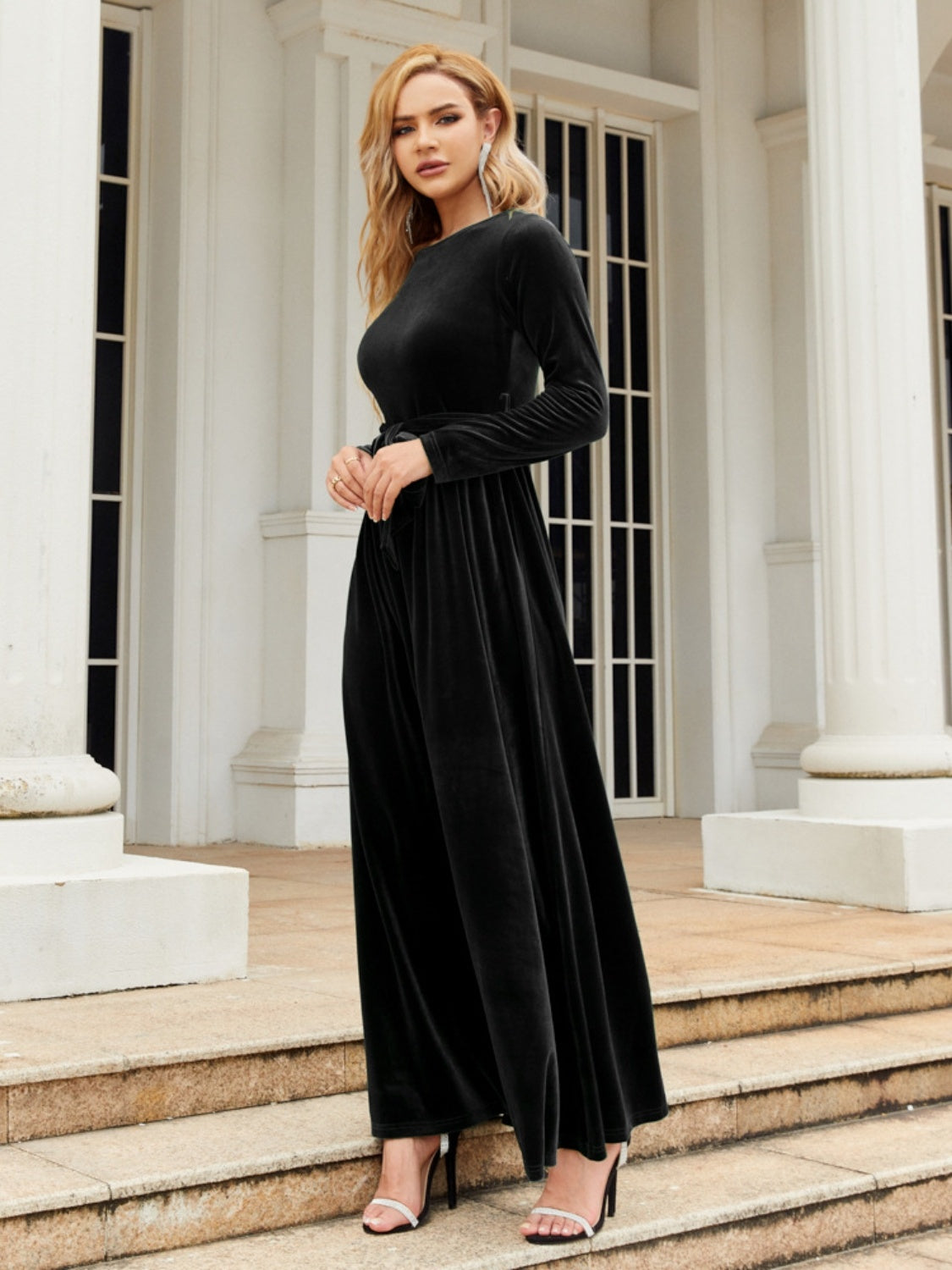 Tie Front Round Neck Long Sleeve Maxi Dress - ShopEasier