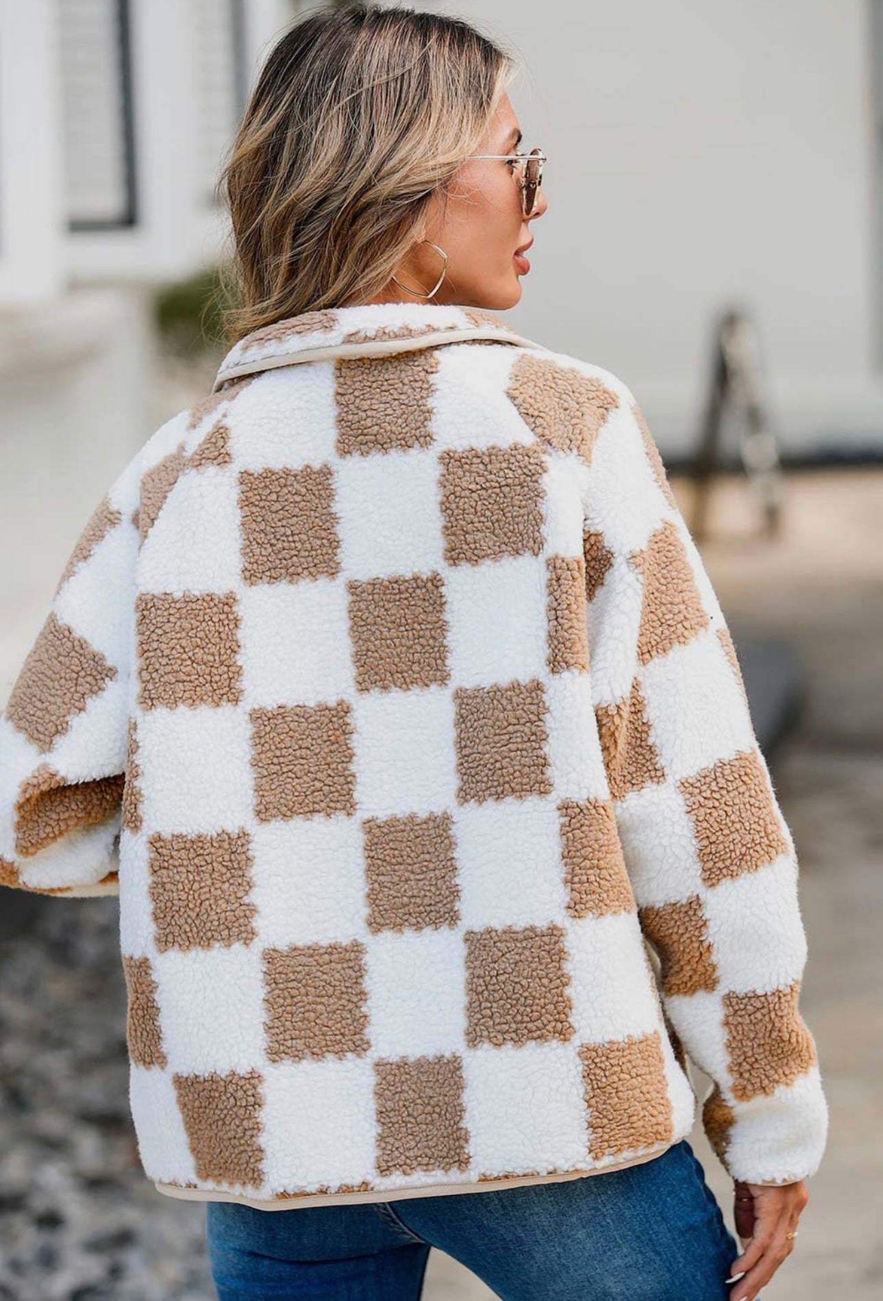 Checkered Snap Down Long Sleeve Teddy Jacket - ShopEasier