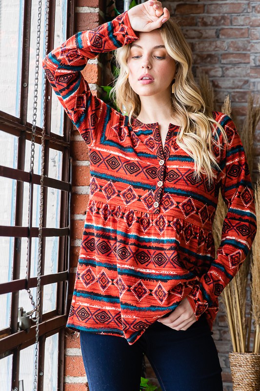 Chic Geometric Button-Detail Long Sleeve Babydoll Top