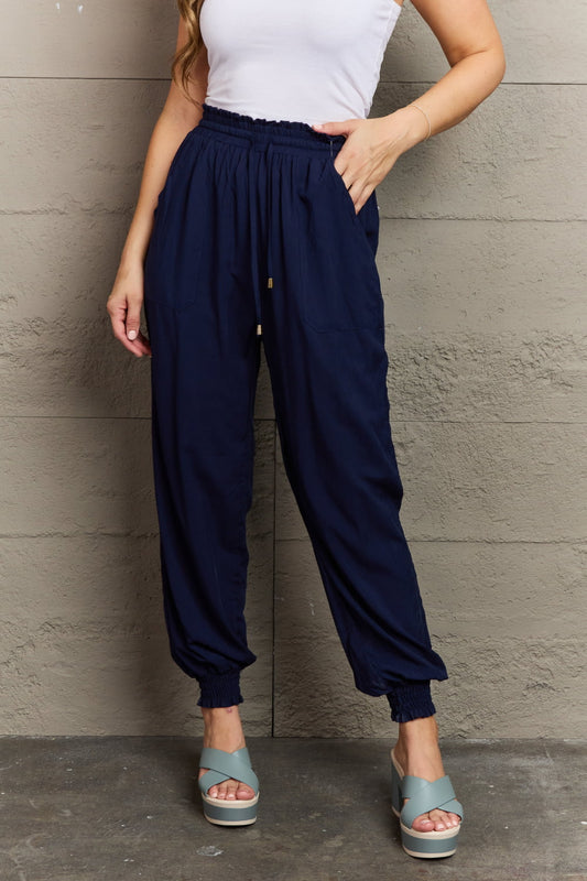 Tie Waist Long Joggers with Functional Pockets