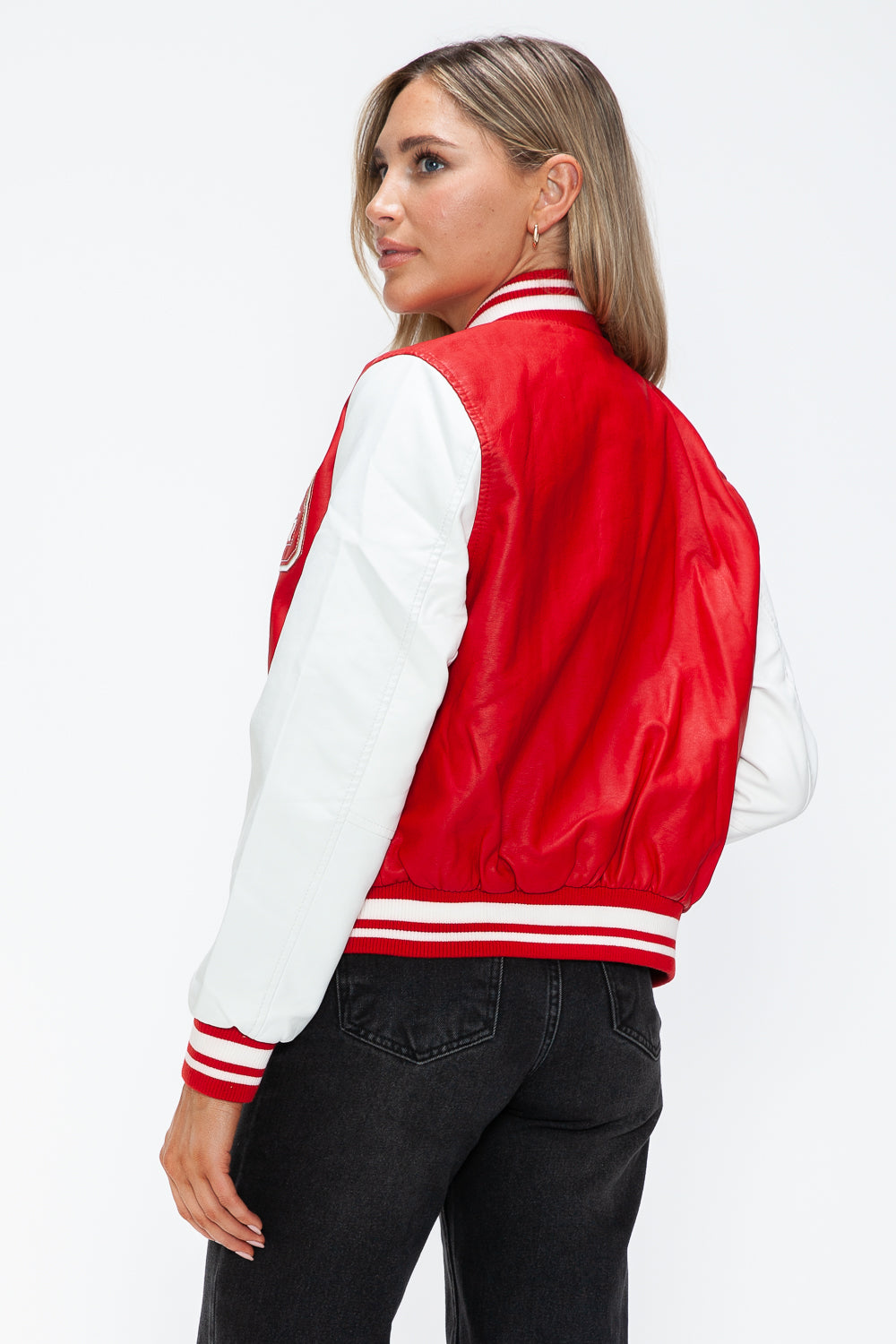 Love Me Now PU Leather Contrast Snap Down Bomber Jacket - ShopEasier