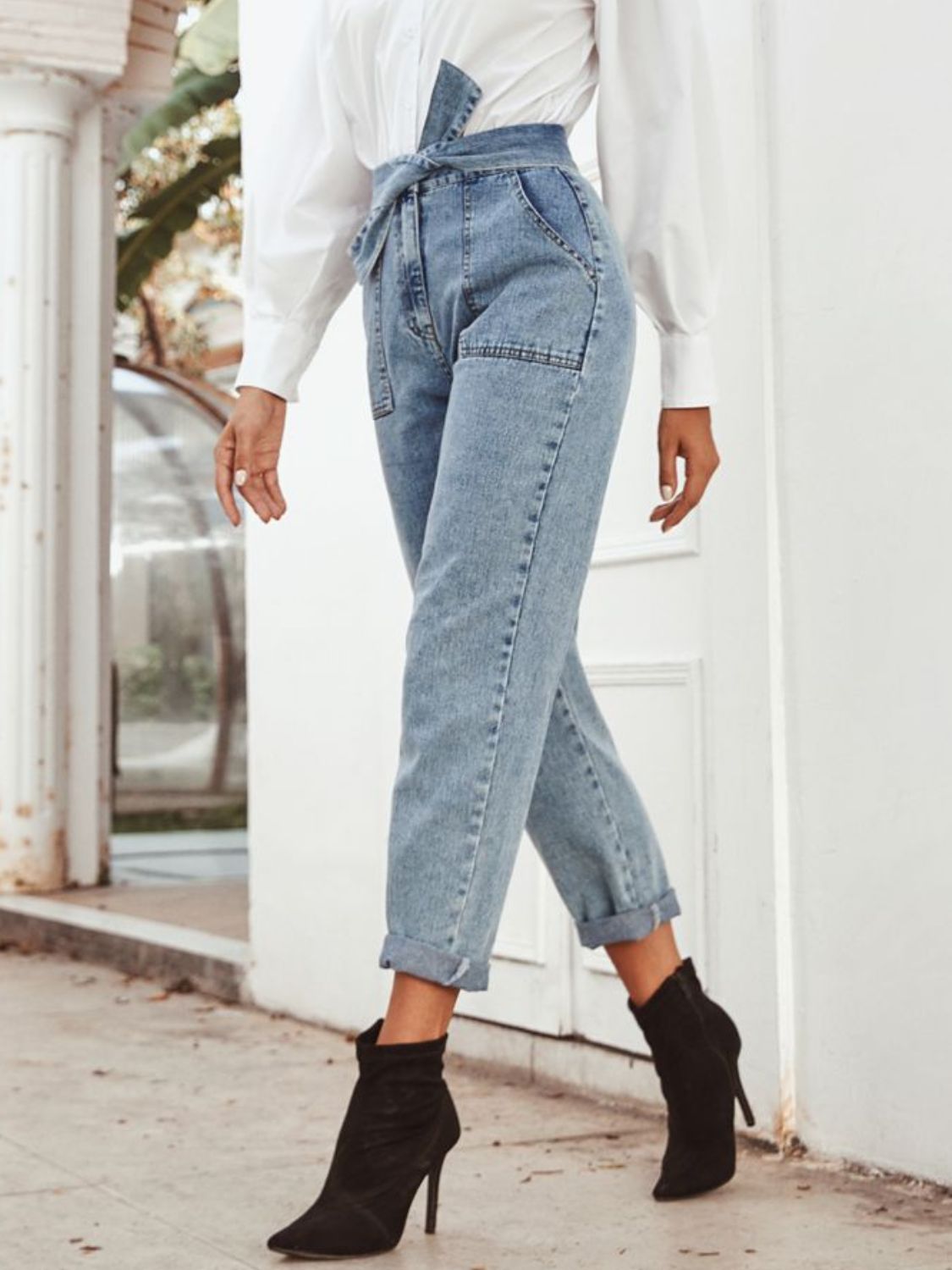 Tied Straight Leg Jeans with Pockets - ShopEasier