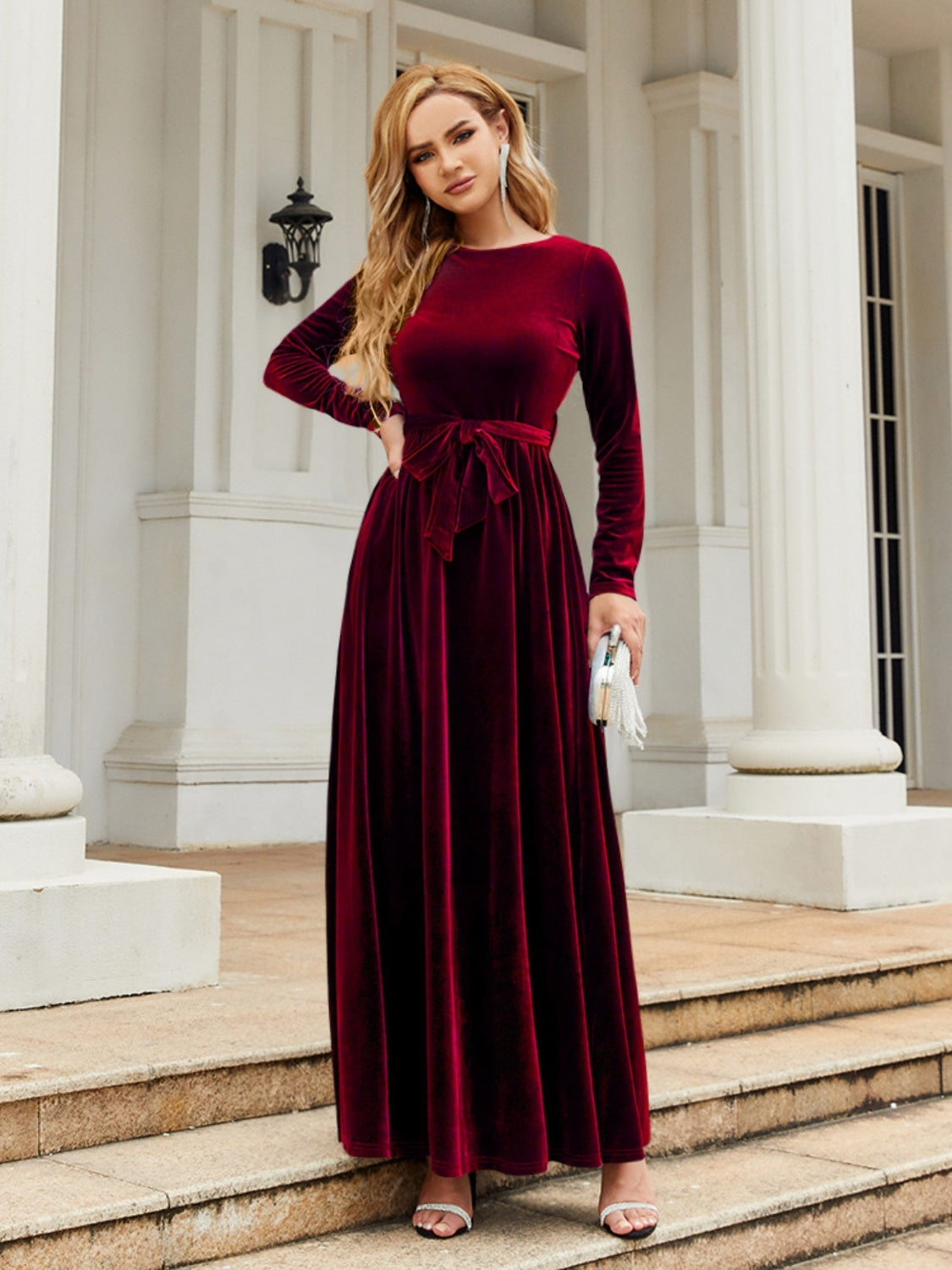 Tie Front Round Neck Long Sleeve Maxi Dress - ShopEasier