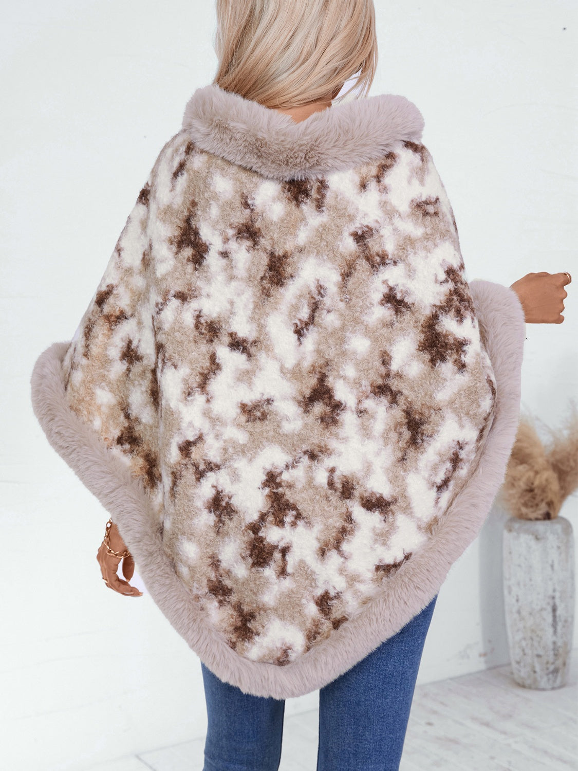 Furry Contrast Three-Quarter Poncho - ShopEasier