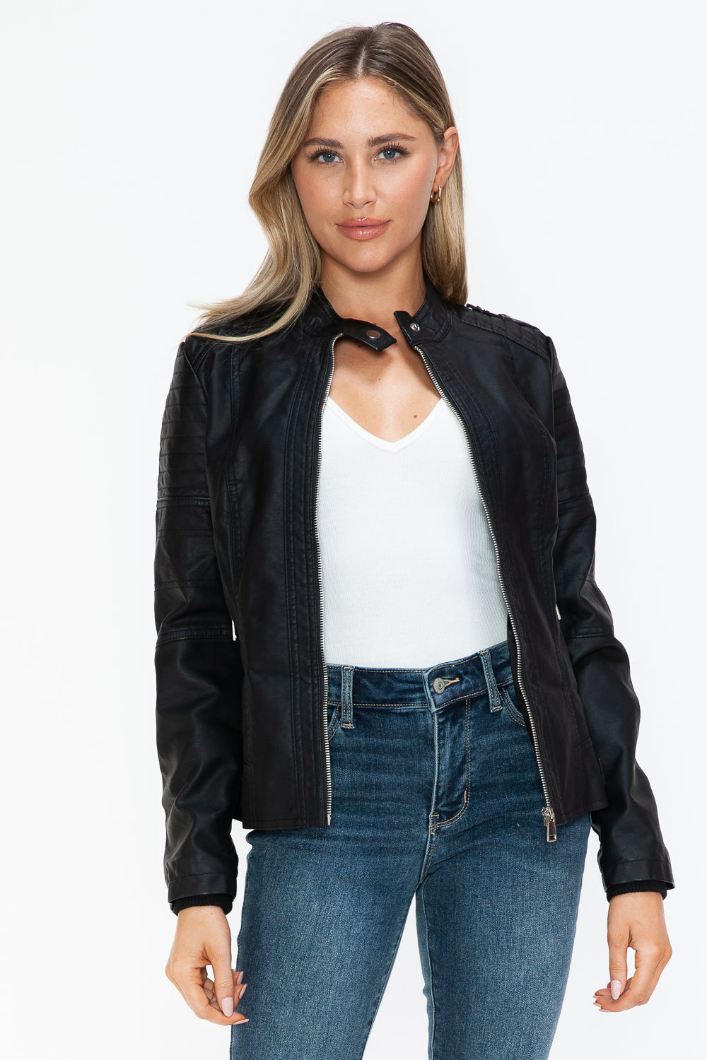 Snobbish PU Leather Biker Jacket with Side Zip Pockets - ShopEasier