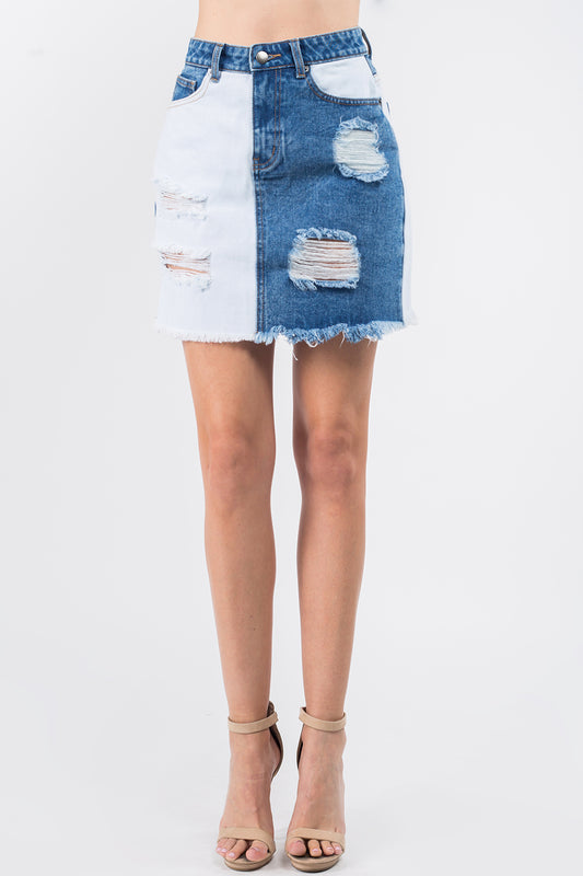 Edgy Contrast Patchwork Frayed Denim Distressed Skirt