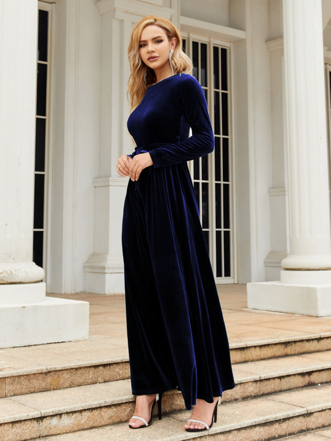 Tie Front Round Neck Long Sleeve Maxi Dress - ShopEasier