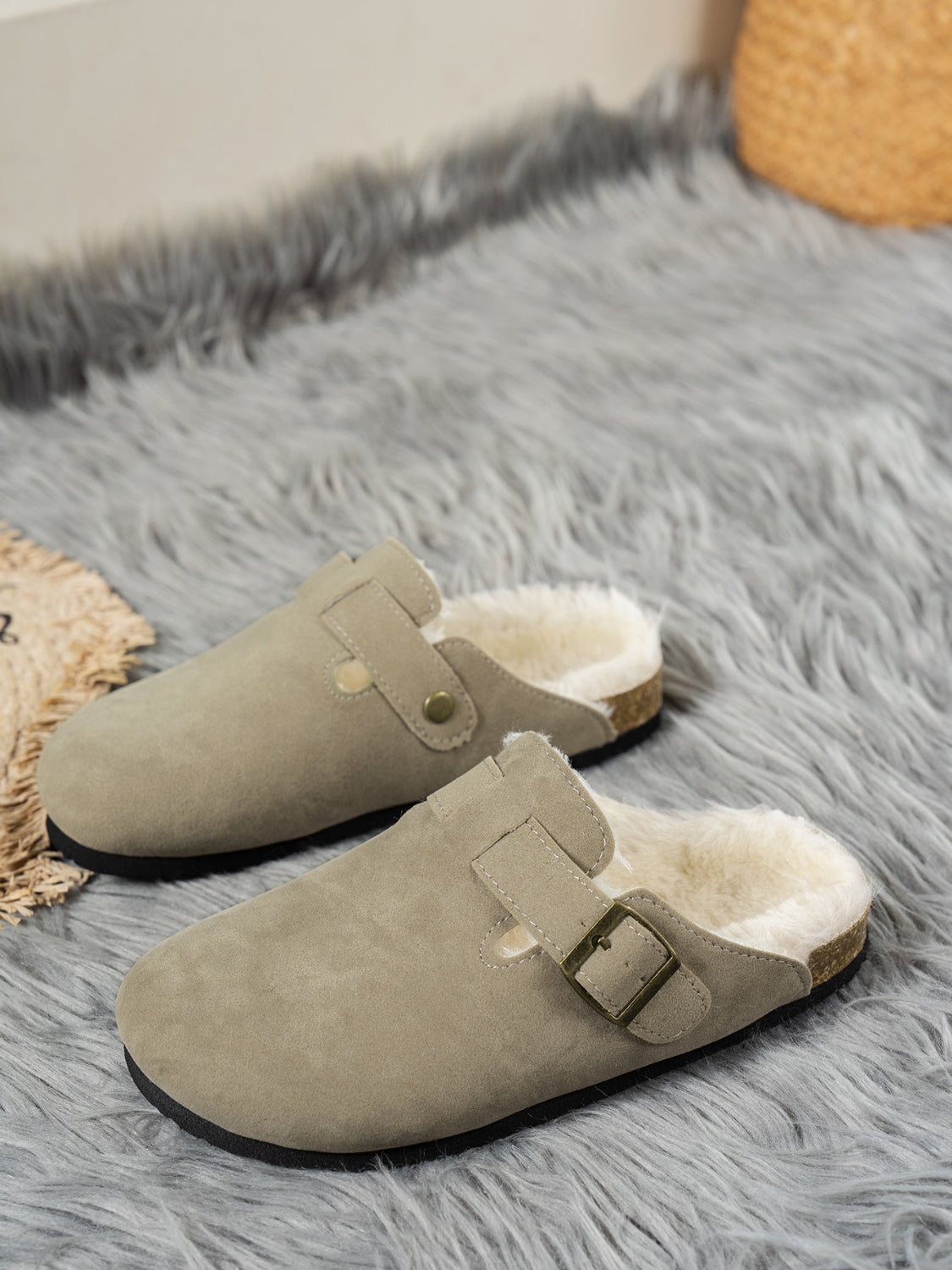 Faux Fur-Lined Suede Slip-On Slippers