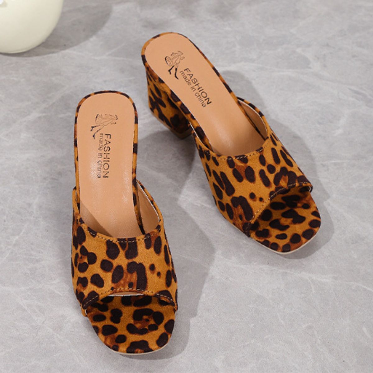 Leopard Print Suede Mid Heel Sandals