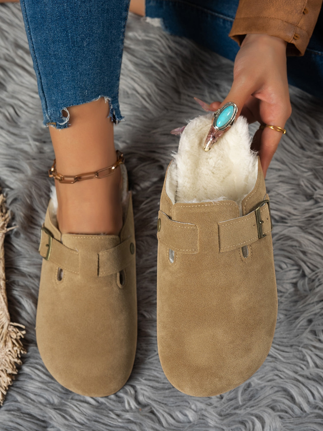 Faux Fur-Lined Suede Slip-On Slippers