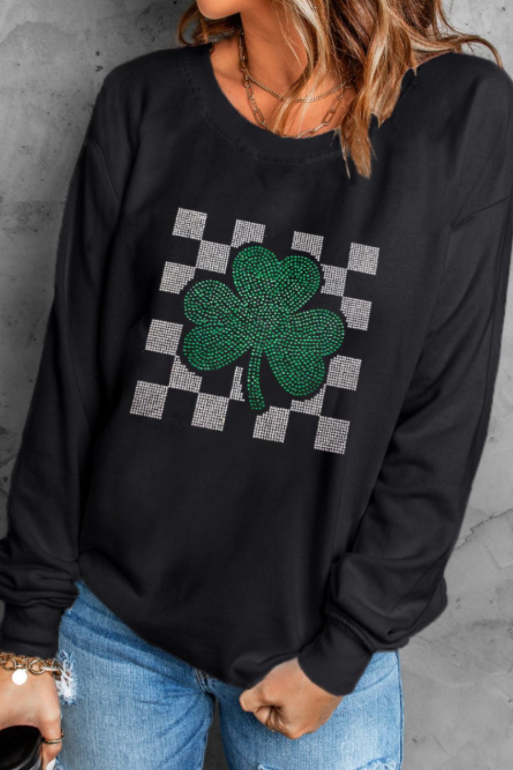 Rhinestone-Embellished Checkered Clover Crewneck Sweatshirt