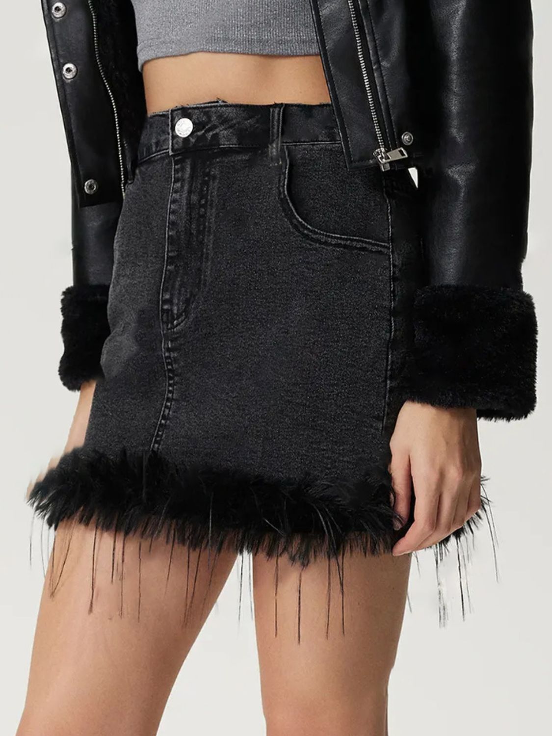 Plush Hem Mini Denim Skirt - ShopEasier