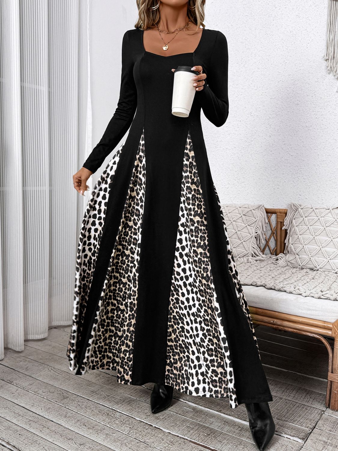 Perfee Leopard Square Neck Long Sleeve Maxi Dress - ShopEasier