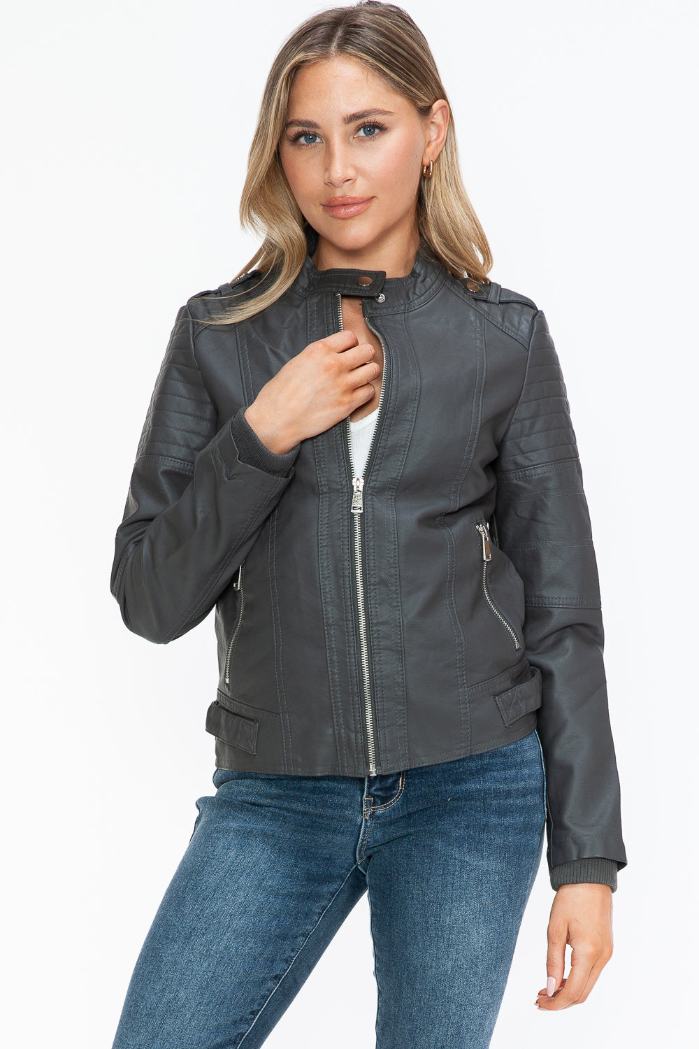 Snobbish PU Leather Biker Jacket with Side Zip Pockets - ShopEasier