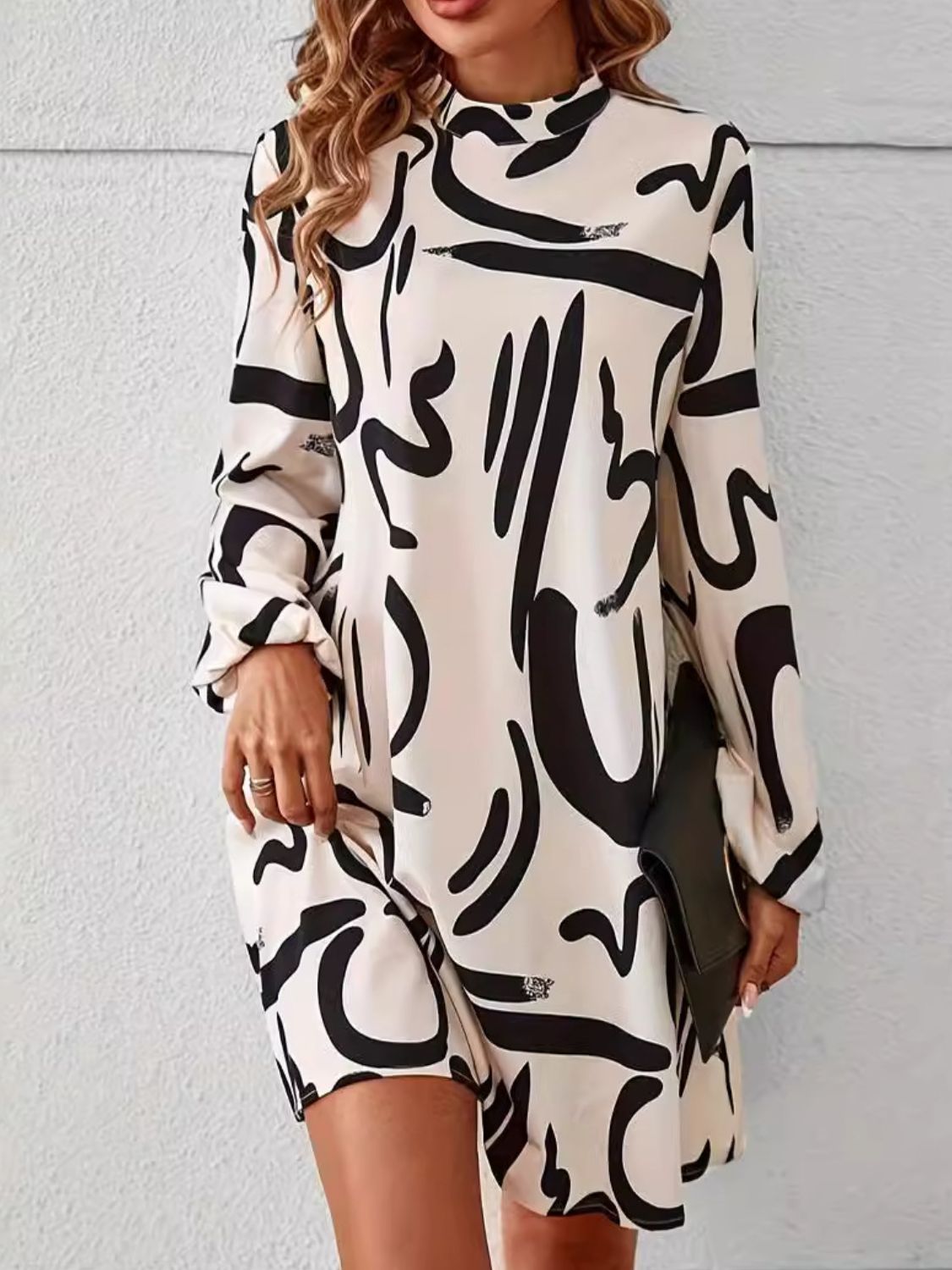 Printed Mock Neck Long Sleeve Mini Dress - ShopEasier