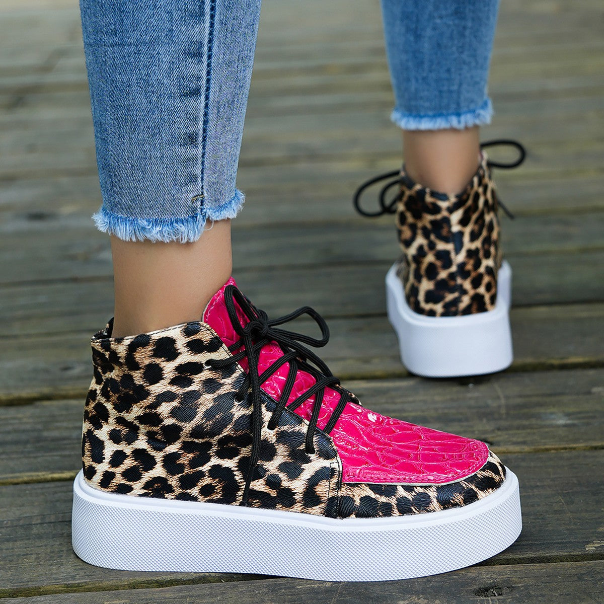 PU Leather Leopard Platform Sneakers - ShopEasier