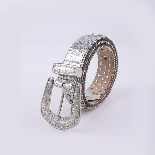 Rhinestone-Embellished PU Leather Belt