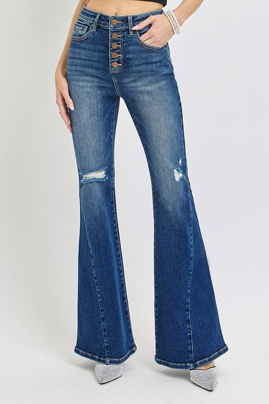 RISEN Distressed Button-Fly Flare Jeans - ShopEasier