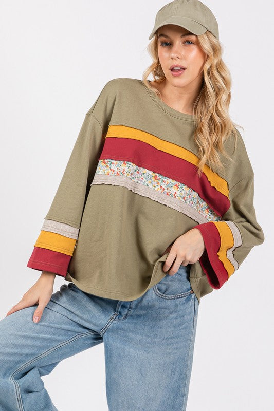 Color Blocked French Terry 3/4 Sleeve Top with Floral Contrast