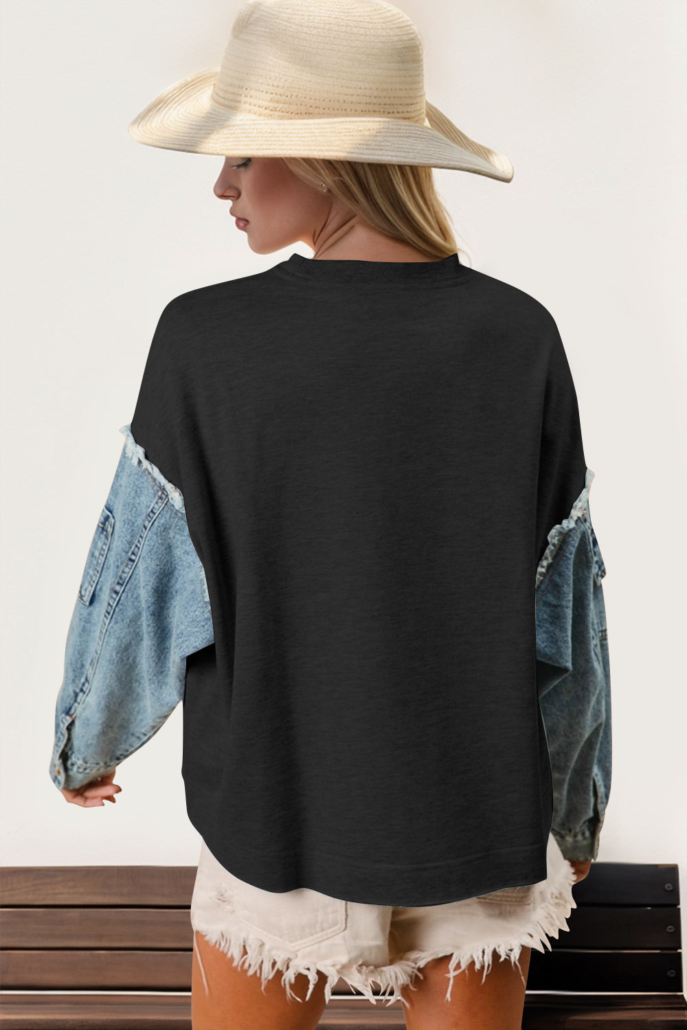 Double Take Raw Edge Star Contrast Sweatshirt - ShopEasier