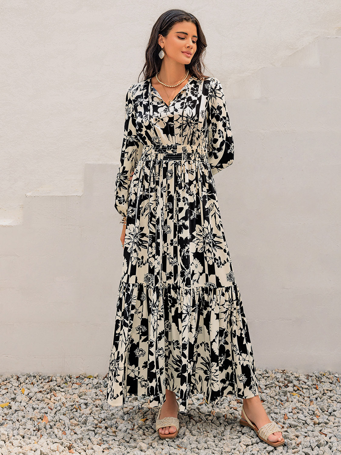 Smocked Printed Tie Neck Long Sleeve Dress - ShopEasier